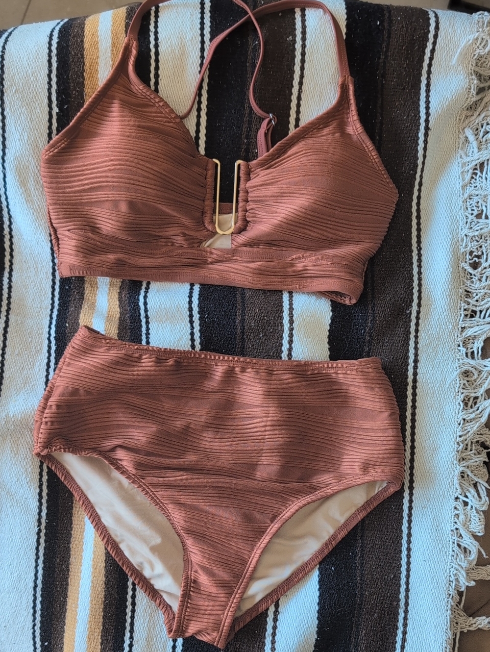 Ribbed Copper High-Waist Bikini Set with Gold Hardware U-Accent